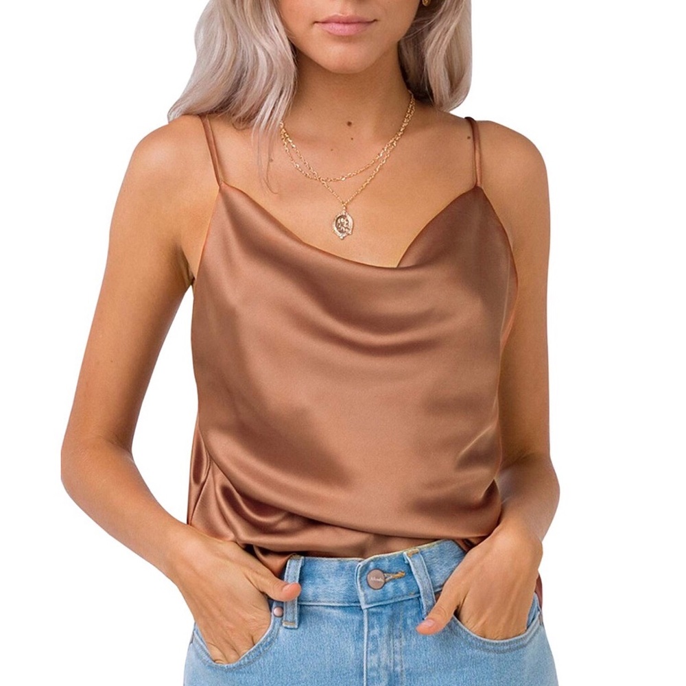 Malibu Swan Neckline Caramel Satin Cami,S-XXL